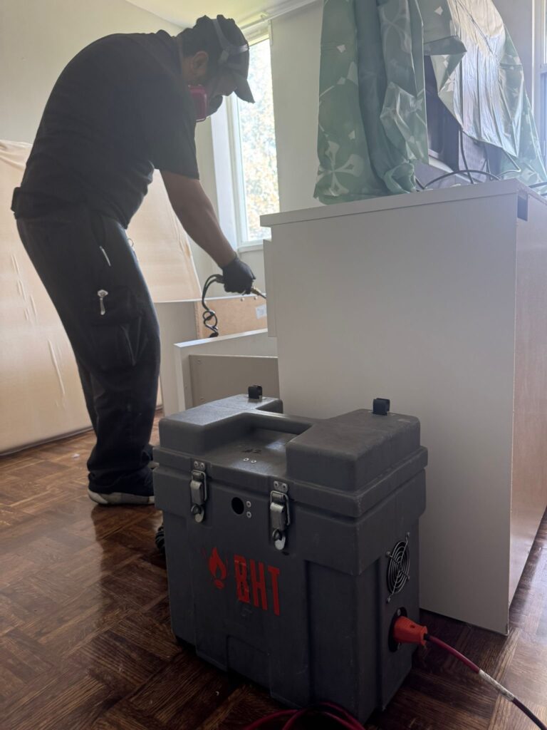 Bugs Heat Terminator technician setting up heat treatment equipment in a Toronto property